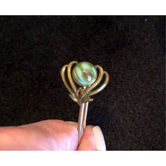 ANTIQUE - 🎉HP🎉 Brass? & Tiger Eye Art Nouveau Bar Pin/Collar Bar/Kilt Pin - Picture 1 of 10